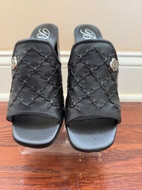 Brighton Black Woven Leather Slide Mules with Silver Rosette